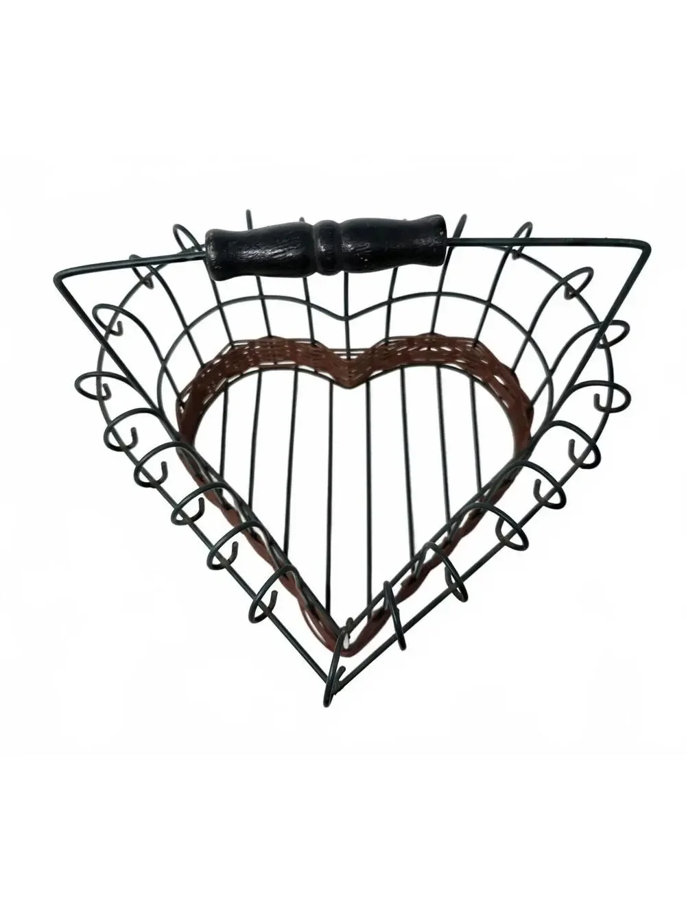 Vintage Heart Wire Basket Set of 2 Green Brown Wicker Farmhouse Wood Handles